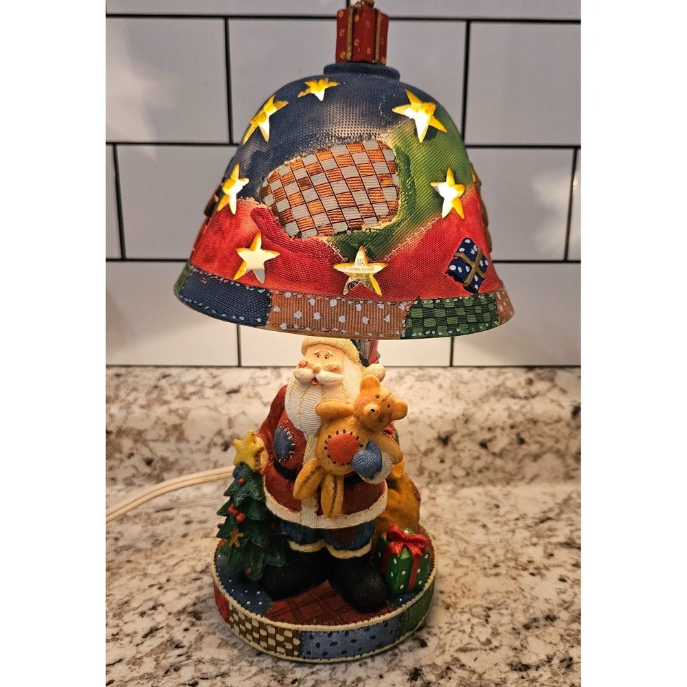 Vintage Patchwork Santa Claus Table Lamp Christmas Light Teddy Bear 10" Works